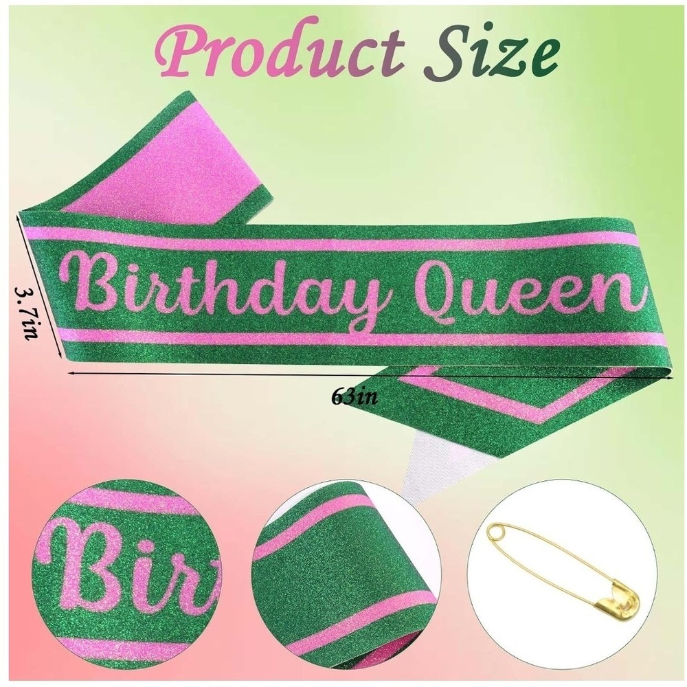 Green and Pink Glitter Birthday Queen Sash with Gold Pin 63in x 3.7in
